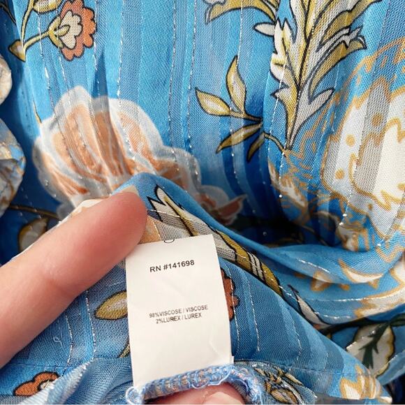 Ramy Brook | Veronica Floral Ruffled Peplum Blouse Top Long Sleeves Blue Small - Picture 9 of 9